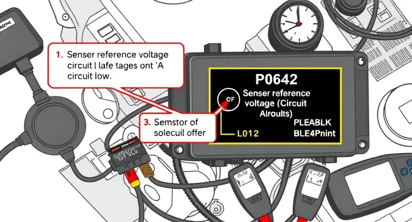 A detailed technical diagram of an automotive engine control unit (ECU) with a highlighted circuit showing the P0642 fault code related to the sensor reference voltage 'A' circuit low, surrounded by wiring connections and diagnostic tools, clean and professional technical illustration