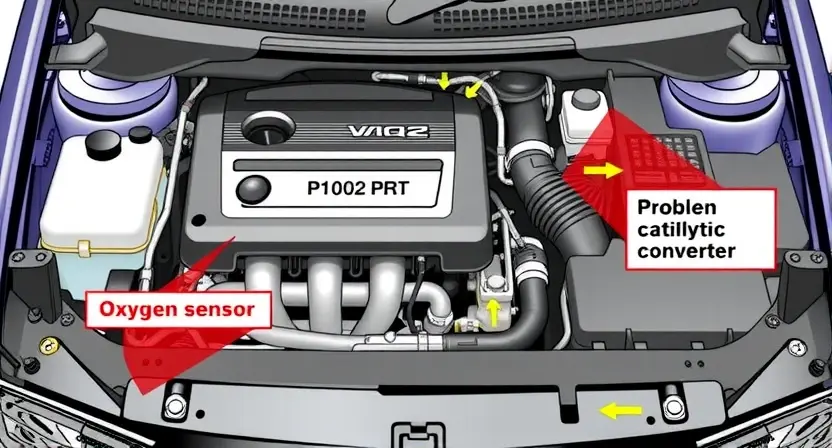 A detailed illustration of a VAZ/Lada car engine bay, highlighting the area related to the P1602 error code. Include visual cues representing the potential cause of the error, such as a faulty oxygen sensor or a problem with the catalytic converter. Focus on technical details and clear labeling of components.