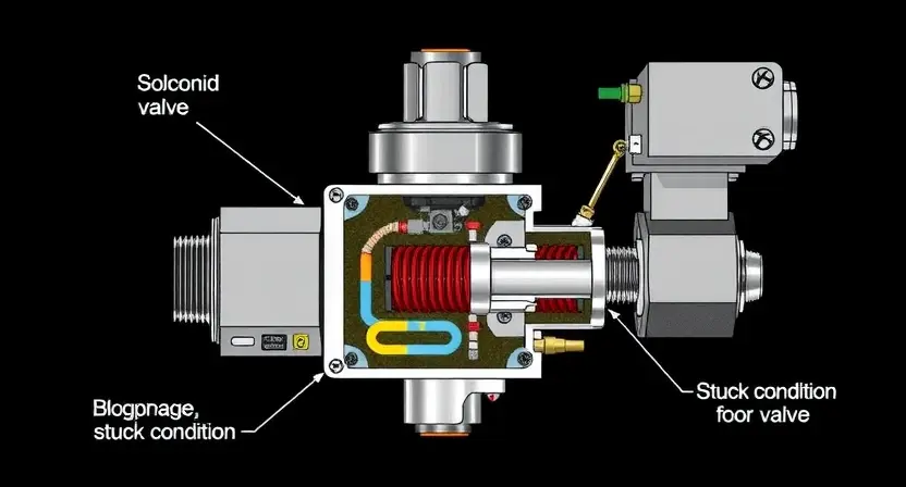 A detailed illustration of a solenoid valve, showing its internal components like coils, contacts, and a diaphragm. The valve should be depicted in a state of malfunction, with signs of internal damage or blockage, suggesting a stuck condition. Focus on the mechanics and potential causes of the problem.