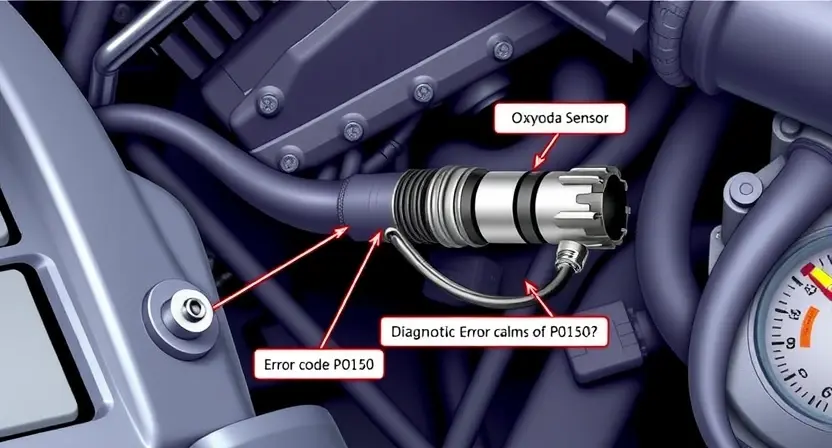 A high-quality technical illustration showing an automotive oxygen sensor (lambda sensor) installed in an exhaust pipe, with visible wiring and connector, surrounded by engine components, emphasizing diagnostic elements like error code P0150, with clear labels and technical details, in the style of HQ-832-448-h