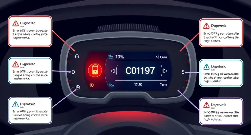 A high-quality technical illustration showing a car engine control unit with a warning light indicating error code C0197, surrounded by diagnostic tools and error messages, clean and professional visual representation