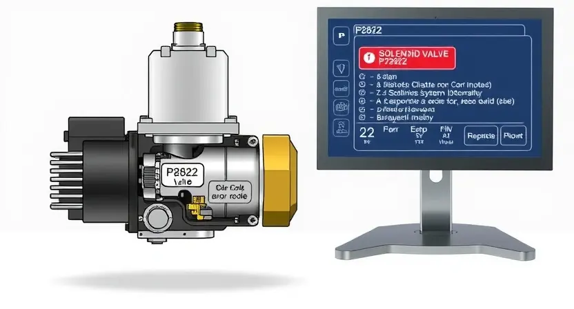 A detailed illustration of a solenoid valve with a highlighted P2822 error code displayed on a diagnostic screen. The valve should be depicted in a realistic, technical style, showing internal components clearly. The diagnostic screen should show the error code and relevant system information.