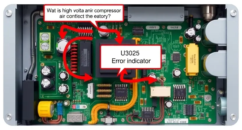 A detailed illustration of a high-voltage air conditioning compressor circuit board, highlighting the U3025 error indicator. Focus on the electronic components, wiring, and potential causes of the error.