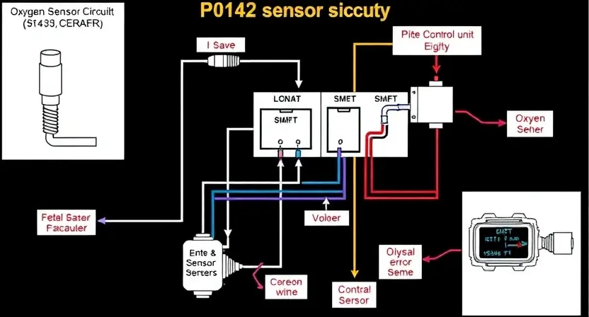 A detailed schematic diagram of an automotive engine's oxygen sensor circuit, highlighting the P0142 error code and the sensor itself. Include visual representations of the sensor, wiring, and the control unit. The diagram should be clean and easy to understand, with labels for all components.