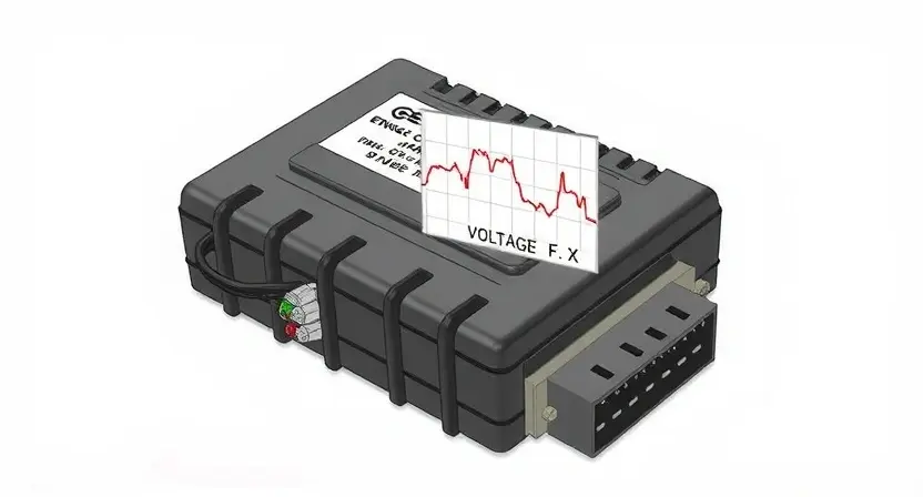 A detailed illustration of an automotive ECU (Engine Control Unit) with a visual representation of a voltage drop, highlighting the cause of the P1602 error code. The ECU should be depicted in a realistic, technical style, with wires and connections clearly visible. A small, stylized graph showing the voltage fluctuation should be overlaid on the ECU. The background should be a clean, neutral color.