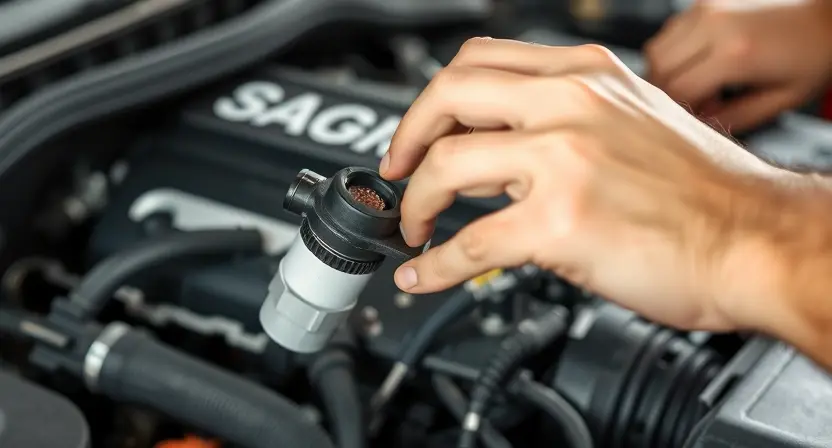 A close-up of a car engine bay with a mechanic inspecting the mass airflow sensor. The sensor should be clearly visible, and the overall scene should convey a sense of technical expertise and problem-solving. Focus on the sensor and its immediate surroundings.