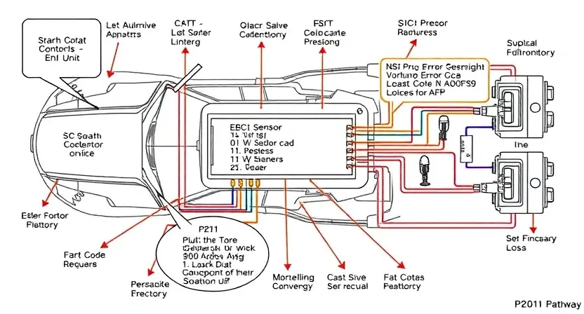 A detailed diagram illustrating a car's engine control unit (ECU) and its connection to various sensors and actuators. Highlight the P2191 error code pathway within the diagram, showing the flow of data and potential points of failure. Use clear, concise labels for each component and connection. Focus on a clean, technical illustration style.