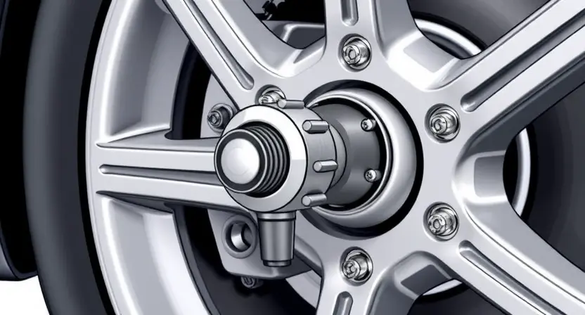 A close-up illustration of a car's wheel hub assembly, highlighting the speed sensor and its connection to the wheel. The image should emphasize the sensor's position and the surrounding components. Focus on mechanical details and clean lines.