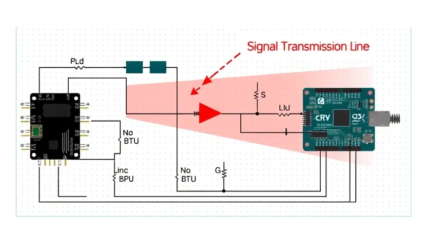 A detailed schematic diagram of an electrical control circuit, highlighting a signal transmission line with a visual representation of a weak signal. Include components like a microcontroller, sensor, and power supply. Focus on the signal path and potential points of signal loss.