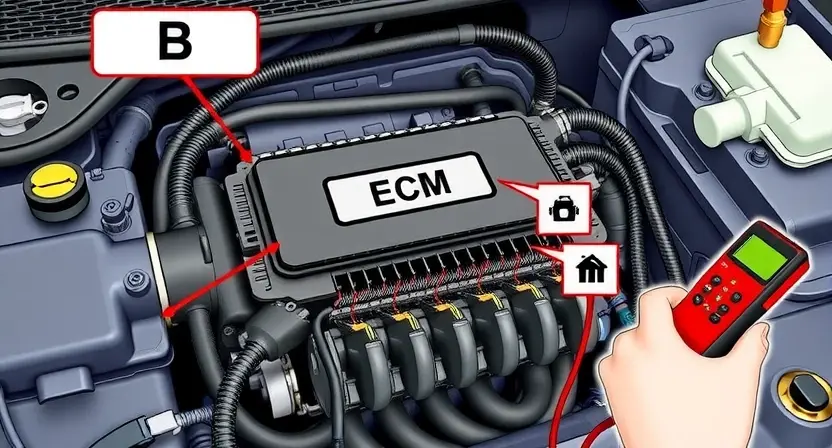 A detailed technical illustration showing the engine control module (ECM) labeled 'B' in a vehicle engine bay, with visible wiring harnesses, diagnostic scanner connected to OBD-II port, and a mechanic using a multimeter to test connections; include subtle visual indicators of signal loss such as dashed or fading lines between ECM and sensors, all in a clean, professional automotive repair context