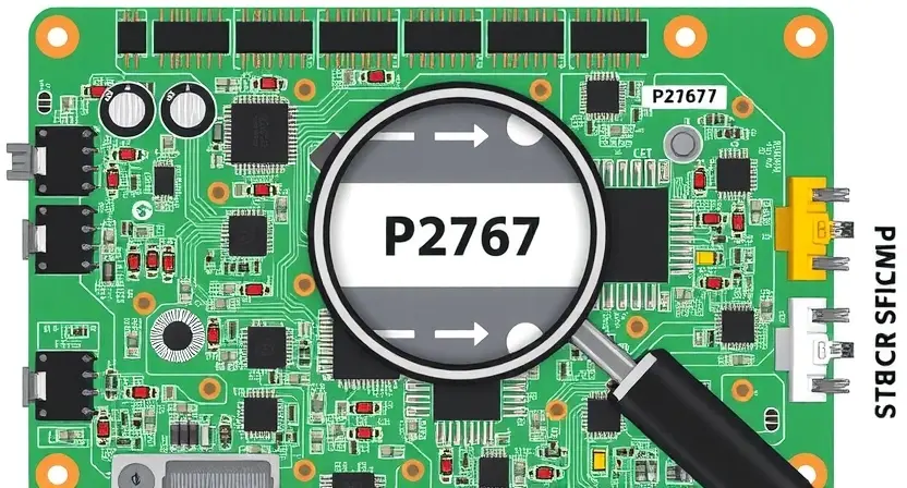 A detailed illustration of a circuit board with a highlighted area indicating a potential P2767 error. The circuit board should show various components like resistors, capacitors, and integrated circuits. A magnifying glass hovering over the highlighted area would emphasize the issue. The background should be a clean, technical environment.