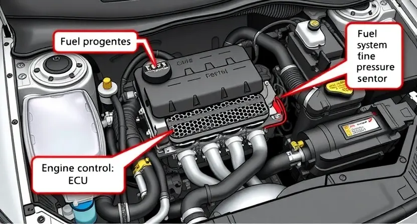 A detailed illustration of a car's engine bay, focusing on the fuel system components. Include fuel injectors, fuel lines, the fuel pressure sensor, and the engine control unit (ECU). The image should clearly depict the areas related to the P0173 error code.