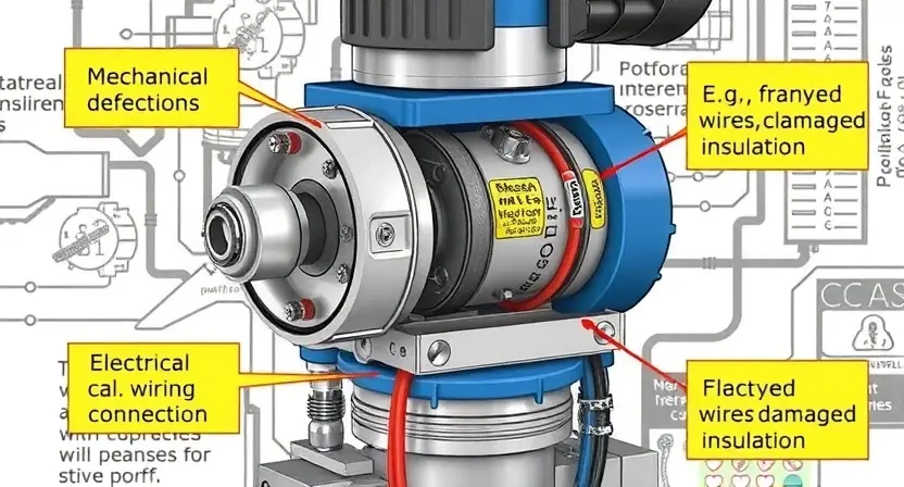 A detailed illustration of a solenoid control valve, highlighting potential mechanical failures and electrical wiring issues. Show a close-up of the solenoid, with visible internal components and wiring connections. Include visual cues representing mechanical defects (e.g., worn parts, loose connections) and electrical faults (e.g., frayed wires, damaged insulation). The background should be a technical schematic or a workshop environment.