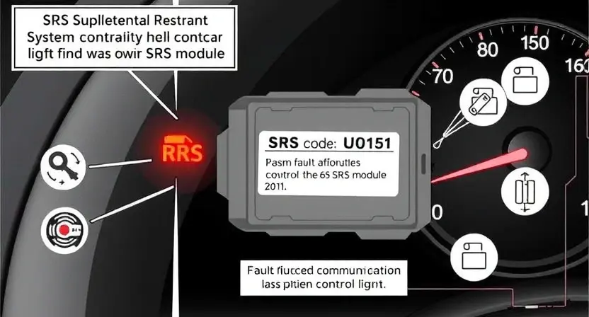 A technical illustration showing a car's SRS (Supplemental Restraint System) control module with a warning light illuminated on the dashboard, depicting a fault code U0151 indicating communication loss with the SRS module, including subtle wiring diagrams and sensor icons around the module, in a clean, professional automotive diagnostic style