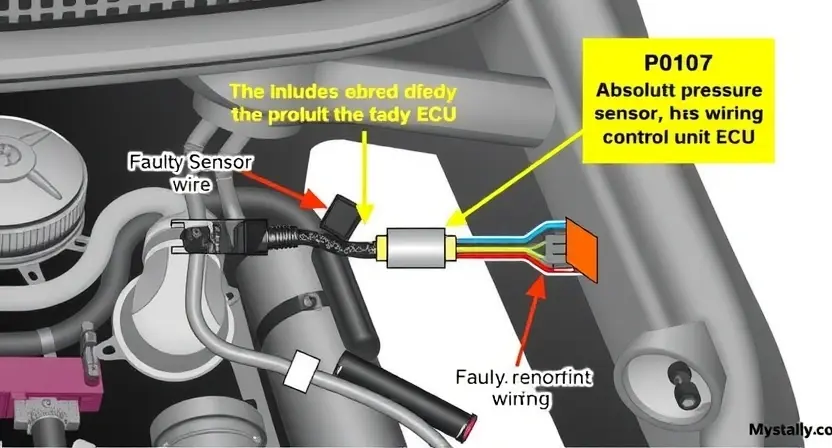 A detailed diagram illustrating the P0107 error in a car's engine. The diagram should clearly show the absolute pressure sensor, its wiring, and its connection to the engine control unit (ECU). Highlight the sensor and wiring with distinct colors. Include visual cues indicating a faulty sensor or wiring (e.g., a broken wire, a damaged sensor). The background should be a clean, neutral color to emphasize the components.