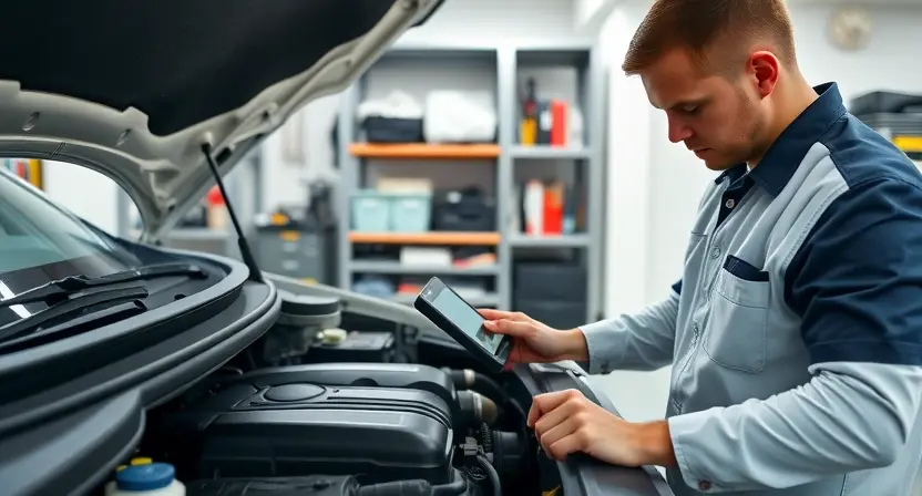 A clean, modern car mechanic shop. A mechanic is inspecting a car's engine with a diagnostic tool. The shop is well-lit and organized, with tools neatly arranged on shelves. Focus on the mechanic's hands and the engine components.
