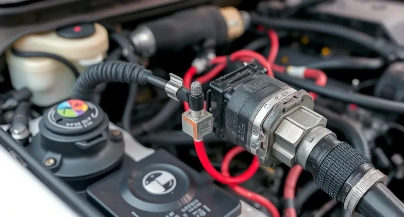 A close-up, detailed image of a car's engine bay, focusing on a potential point of electrical stress. Show wires, connectors, and components with visible signs of damage or discoloration, indicating voltage leakage. The background should be slightly blurred to emphasize the focus on the electrical components.