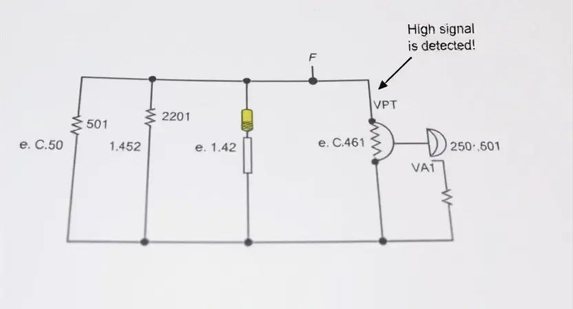 A detailed schematic diagram illustrating an electrical drive circuit with a prominent voltage signal indicator. The diagram should clearly show the circuit components (e.g., transistors, capacitors, resistors) and the signal path. Highlight the area where the high signal level is detected. Focus on technical accuracy and clarity.