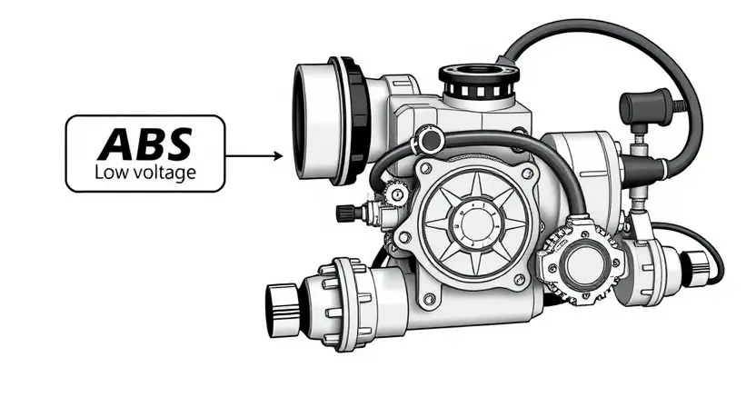 A high-quality technical illustration showing a car's ABS pump with a warning indicator for low voltage, clean white background, detailed mechanical components, no text or numbers on the image