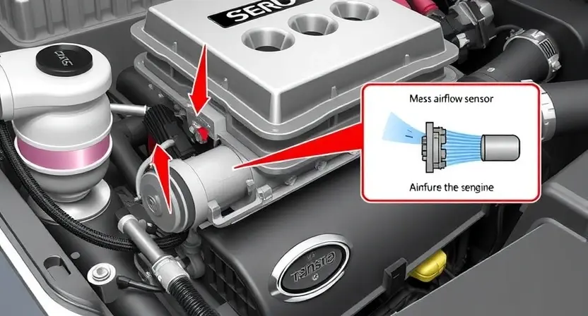 A detailed illustration of a car's engine bay, focusing on the Mass Airflow Sensor (MAP sensor). The sensor should be clearly visible, with arrows pointing to its location and connections. Include a simplified diagram showing airflow entering the engine and how the MAP sensor measures it. The background should show other engine components, but the MAP sensor should be the central focus. The overall image should convey technical accuracy and clarity.