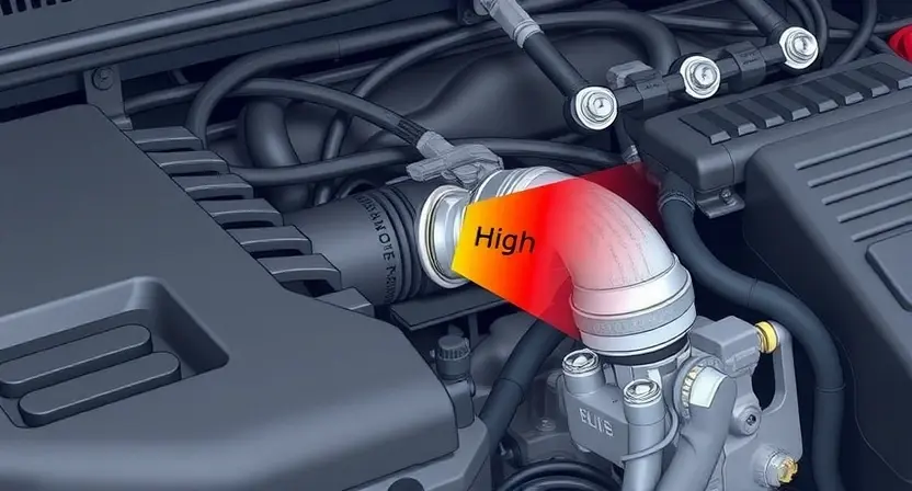 A close-up illustration of an engine bay with a highlighted oxygen sensor. The sensor should be clearly visible, with a visual representation of a high signal level (e.g., a color gradient or a small icon indicating high voltage). Focus on the sensor and its immediate surroundings within the engine compartment.