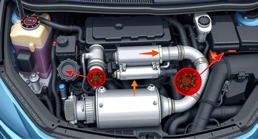 A detailed illustration of a car engine with a focus on the exhaust system, showing potential blockages and clogs. The image should depict the engine components, including the catalytic converter, oxygen sensors, and exhaust pipes, with visual indicators of debris or buildup that could cause the P24A4 error code. The scene should be realistic and detailed, highlighting the areas prone to clogging.