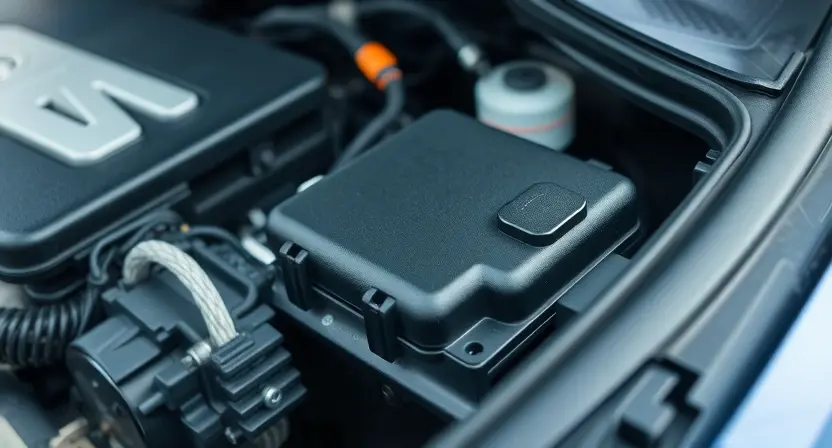 A close-up shot of a car's engine bay, focusing on the engine control unit (ECU) and related sensors. The engine should appear clean and well-maintained. Subtle visual cues indicating a potential issue (e.g., a slightly loose wire, a sensor with a minor discoloration) can be included without being overly dramatic. The background should be slightly blurred to emphasize the engine components.