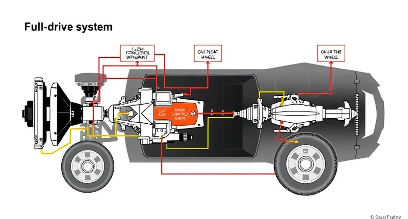 A detailed diagram illustrating a full-drive system with a focus on the clutch control unit and its connection to other components like the transmission, differential, and wheels. The diagram should clearly show the data flow and physical connections, highlighting the potential points of failure related to communication. Use clean lines and color-coding to differentiate components. The overall image should convey technical accuracy and clarity.