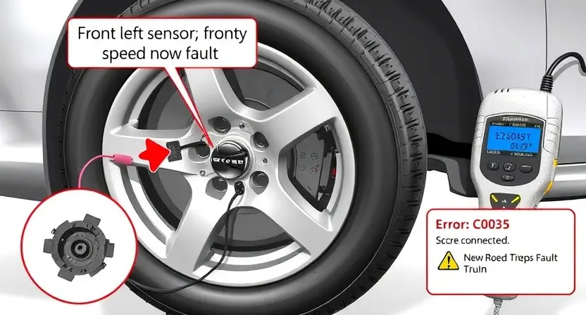 A detailed illustration of a car's front left wheel area showing the speed sensor and its wiring circuit with a highlighted fault, diagnostic equipment like a scan tool connected, and visual cues such as a warning symbol indicating error C0035, rendered in a realistic technical style without any text or letters.
