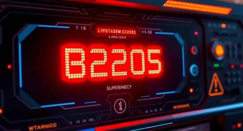 A futuristic digital error display showing the code 'B2205' in bold red numerals on a dark, high-tech interface with glowing circuit patterns and warning symbols, conveying a critical system failure in a sleek, sci-fi environment