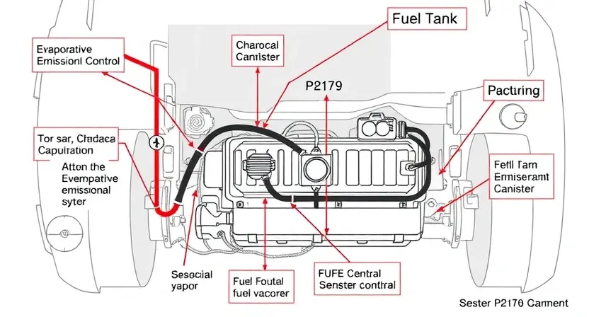 A detailed diagram illustrating the P2179 error in a car's engine system. The diagram should clearly show the relevant components like the evaporative emissions control system, fuel tank, charcoal canister, and associated sensors. Arrows should indicate the flow of fuel vapors and the points where the error might originate. Use a clean, technical illustration style with clear labels and color-coding to highlight key areas. Focus on visual clarity and accuracy in representing the system's compone