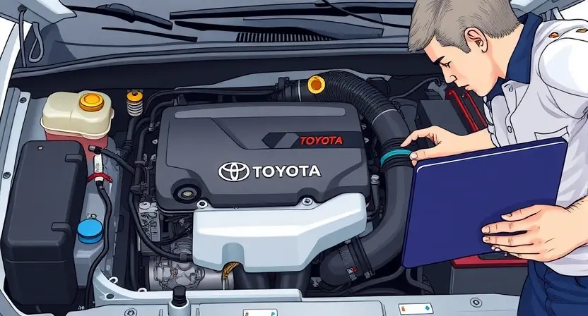 A detailed illustration of a Toyota engine bay with a mechanic inspecting the engine. Focus on the engine control unit (ECU) and related sensors. The scene should convey a sense of technical expertise and problem-solving. Include visual cues suggesting diagnostics are being performed, such as a laptop displaying engine data.