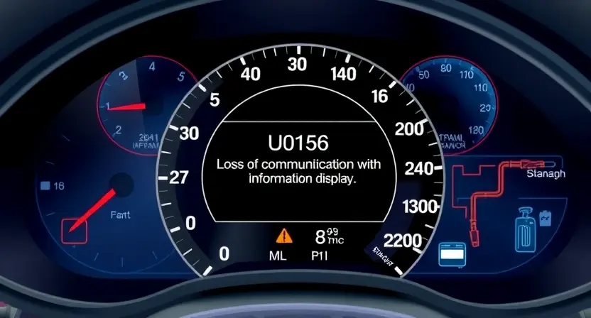A detailed technical illustration of a car's instrument cluster displaying an error code U0156, showing a warning message about loss of communication with the vehicle's information display, with automotive diagnostic tools and wiring diagrams subtly visible in the background, rendered in a clean, professional style suitable for automotive repair documentation