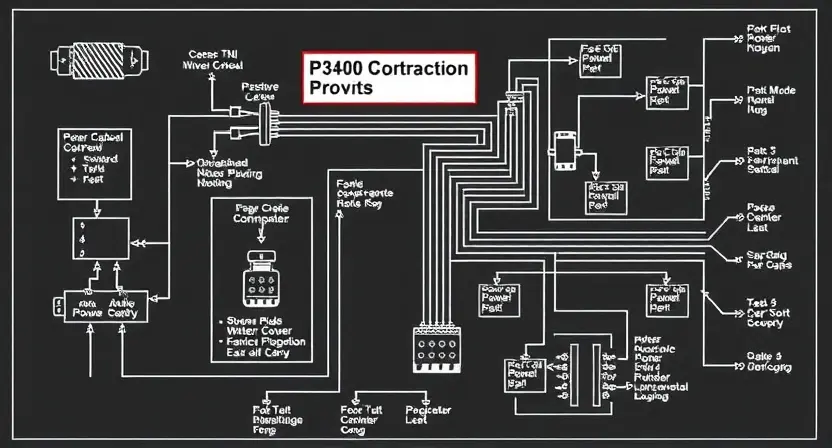 A detailed schematic diagram of a car's electrical system, highlighting the P3400 error code and its connection to the power supply and disconnection system. Focus on the wiring and components involved in power management. The diagram should be clean, well-organized, and easy to understand, with clear labels for each part.
