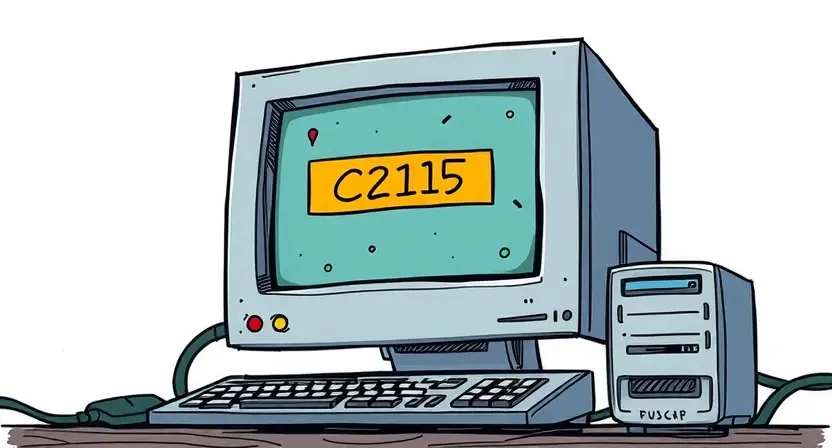 A detailed illustration depicting a computer system with a highlighted error message 'C2115' displayed on the screen. The system should show signs of malfunction, such as a flashing cursor or a stressed-looking CPU. Include visual cues representing data corruption or system instability.