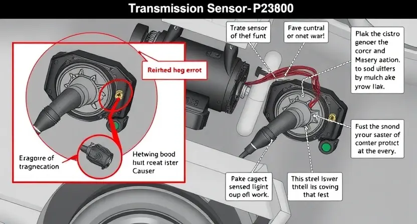 A detailed illustration of a car's transmission sensor circuit, highlighting the P2800 error code. Include visual representations of the sensor, wiring, and potential causes of the malfunction. Focus on clarity and technical accuracy.