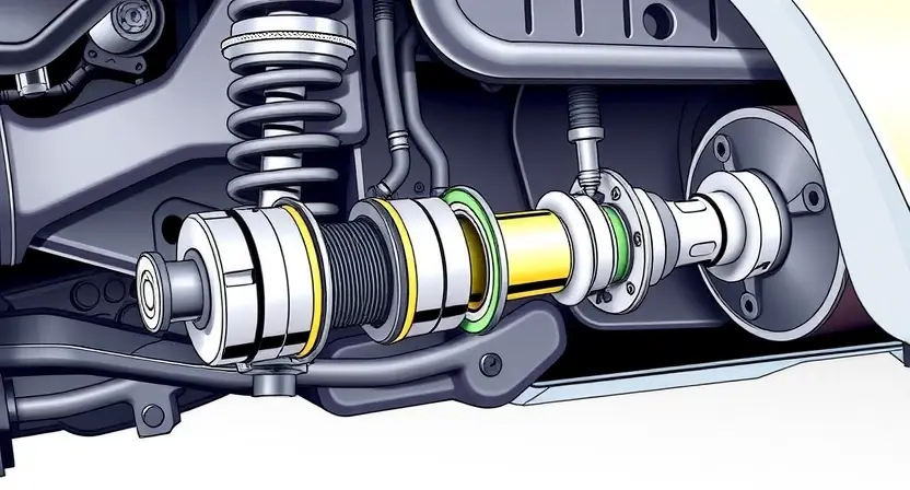 A detailed, high-quality illustration of a car's adaptive shock absorber system. The image should clearly show the shock absorber itself, its internal components (valves, pistons, fluid), and the surrounding suspension parts (spring, control arm, wheel hub). Focus on the mechanical details and the way the components interact. The overall aesthetic should be clean and informative, suitable for a repair manual or technical guide.