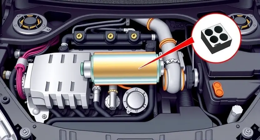 A detailed illustration of a car's engine compartment, focusing on the catalytic converter and fuel system components. The image should highlight the internal workings of the catalytic converter and the fuel injectors, showing a clean and efficient fuel mixture passing through the system. Use bright, clean colors to represent a healthy engine. The overall composition should be informative and visually appealing, suitable for a technical guide.