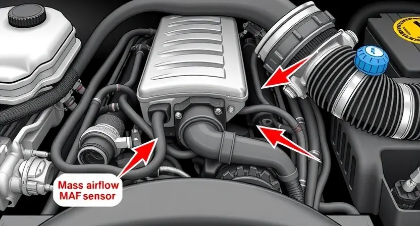 A detailed illustration of a car engine with a focus on the mass airflow sensor (MAF sensor). The sensor should be clearly visible, with arrows pointing to its location within the engine bay. Include surrounding engine components like hoses and wires, but keep the overall composition clean and informative. The image should convey a sense of technical accuracy and clarity, suitable for a repair manual.