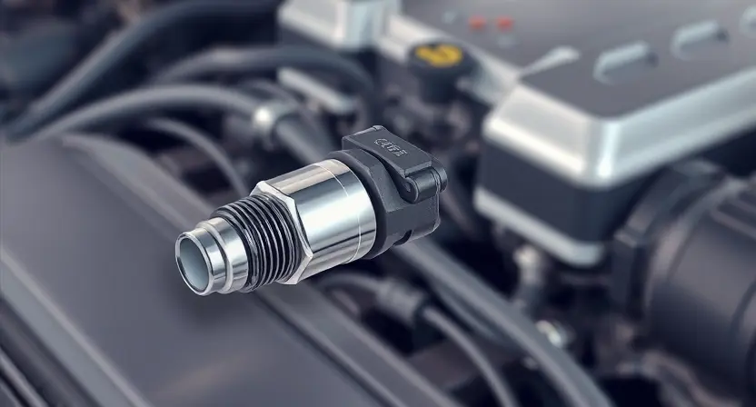 A close-up, detailed illustration of an oxygen sensor in a car engine. The sensor should be clearly visible, with its wiring and connection points highlighted. The background should be a slightly blurred engine compartment, suggesting a car's interior. Focus on the sensor's physical components and its placement within the engine bay.
