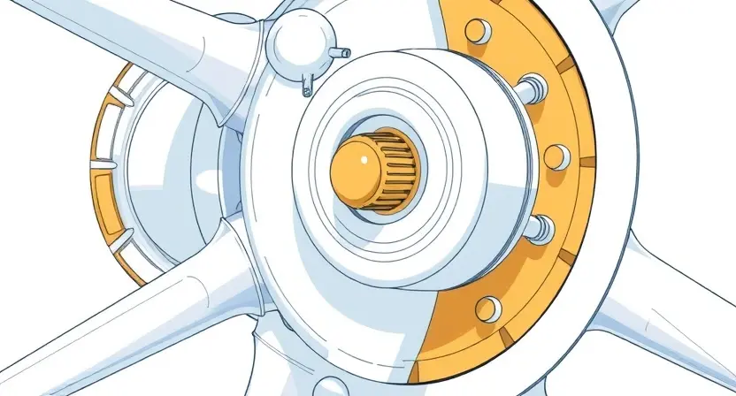 A close-up, detailed illustration of a ship's rudder mechanism, highlighting the heading sensor. The sensor should be clearly visible, with wires and connections subtly depicted. The overall lighting should be bright and clean, emphasizing the technical aspects. Focus on the sensor's physical form and its integration within the rudder system.