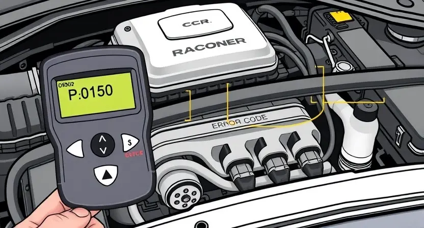 A detailed technical illustration of a car engine control system showing an OBD2 scanner displaying error code P0150 with highlighted wiring and sensor components, clean technical diagram style, high quality, 832x448 resolution