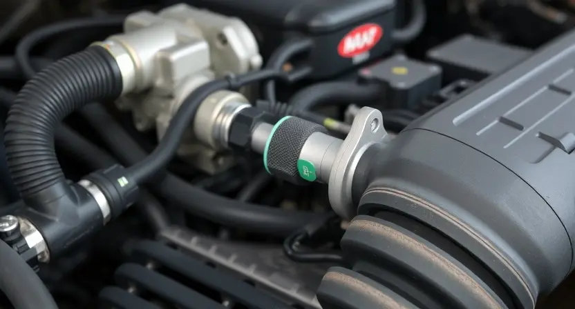 A close-up, detailed image of a car's engine bay, specifically focusing on the mass airflow sensor (MAF sensor). The sensor should be clearly visible, along with surrounding hoses and wiring. The engine should appear clean and well-maintained. Focus on the sensor's physical appearance and its connection points.