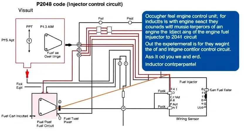 A detailed schematic diagram of an engine fuel injector control circuit, highlighting the P2048 error code and its connection to the injector control circuit. Include visual representations of the components involved: the engine control unit (ECU), the fuel injector, wiring, and sensors. Focus on clarity and technical accuracy.