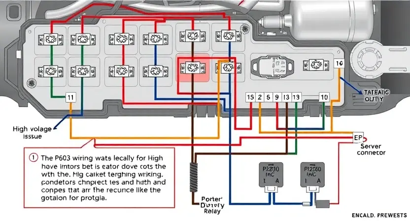 A detailed illustration of an automotive electrical control circuit with a focus on the wiring and components related to the P2603 error code. Include a visual representation of the high voltage issue, perhaps with a highlighted area indicating the problem. The circuit should be clearly labeled with relevant components like relays, sensors, and connectors.