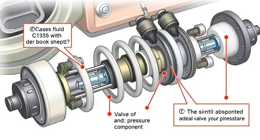A detailed technical illustration of a car's adaptive shock absorber system. Focus on the internal components: the shock absorber body, piston, valves, fluid, and connecting rods. Highlight the areas related to the C1355 error, perhaps with a subtle visual cue indicating a malfunction (e.g., a slightly discolored component or a visual representation of pressure imbalance). The overall aesthetic should be clean and informative, suitable for a repair manual.