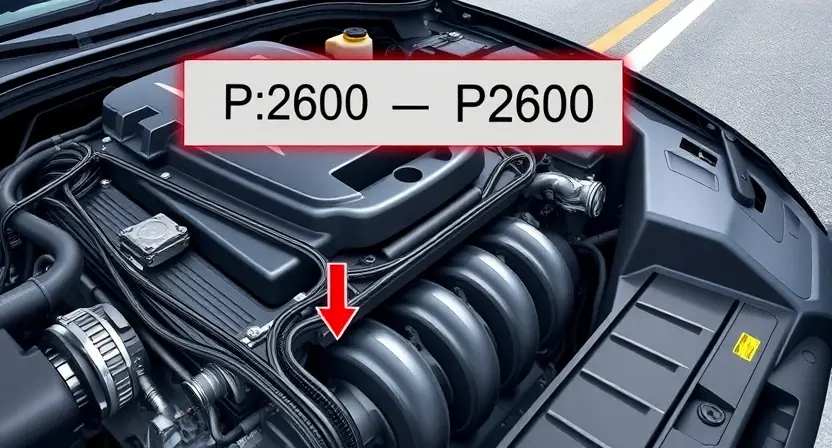 A detailed illustration of a car engine with a highlighted error code P2600 displayed on a digital dashboard. The engine should be realistically rendered, showcasing various components like pistons, valves, and belts. The dashboard should be clearly visible, with the error code prominently displayed in a readable font. The background should be a slightly blurred image of a road.