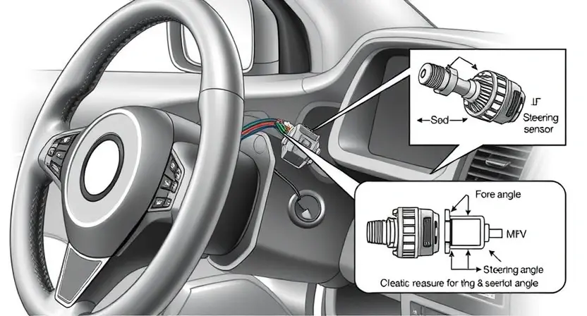 A detailed, high-quality illustration of a car's steering system, specifically focusing on the steering angle sensor (rotor position sensor) and its connection to the electronic power steering (EPS) unit. Show the sensor mounted near the steering column, with wires leading to the EPS module. Include a simplified diagram highlighting the sensor's internal components and how it measures the steering angle. The overall image should be clean and informative, suitable for a technical manual.