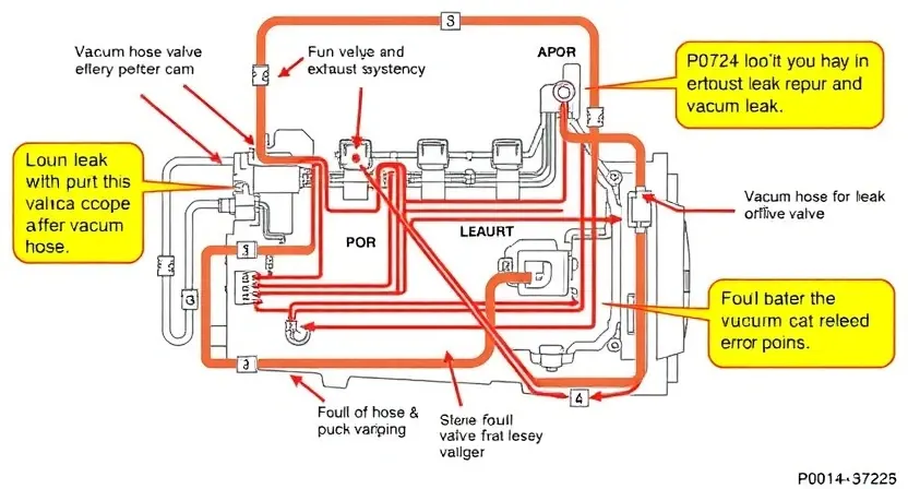 A detailed schematic diagram of an engine's exhaust system, highlighting the P0724 error code related to a vacuum leak. Include visual representations of vacuum hoses, valves, and potential leak points.