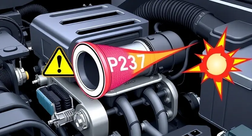 A high-quality technical illustration showing a car engine with a highlighted cylinder 2, displaying a warning sign or error code P2337, and visual elements representing detonation such as flame or pressure spikes, all in a clear and professional style